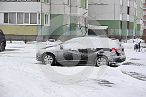 snow-covered car. snow