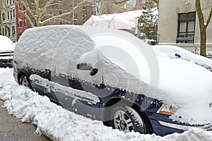 Snow covered car after snowstorm, New York