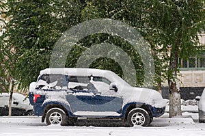 The snow-covered car stands under the green trees during the sno