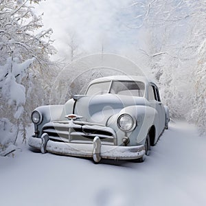 Snow-covered car in winter. AI
