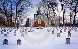 Snow covered cemetary at the National Shrine of Saint Elizabeth photo
