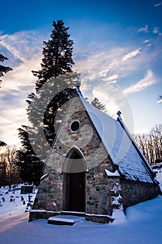 Snow-covered cemetery at the Grotto of Lordes in Emmitsburg, Mar photo