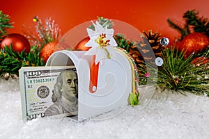 Snow covered christmas decoration with tree branch on mailbox for gift American dollars