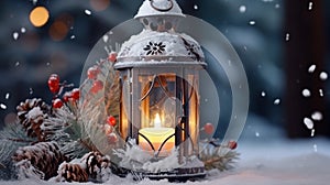 A snow-covered Christmas lantern illuminated by a shining fir branch.