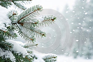 Snow covered Christmas tree branches background photo