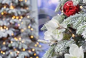 Snow-covered Christmas tree with decorations on the background with bokeh