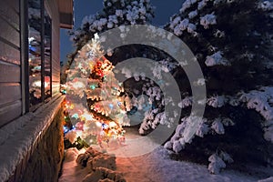 This Snow Covered Christmas Tree stands out brightly against the dark blue tones of late evening light in this winter holiday sce