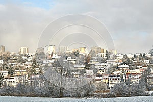 snow covered the city of Fulda. Pictured are Aschenberg Horas and Niesig part of the city of Fulda in Hesse Germany in photo