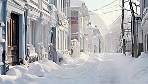 Snow covered city streets create a tranquil winter scene generated by AI photo