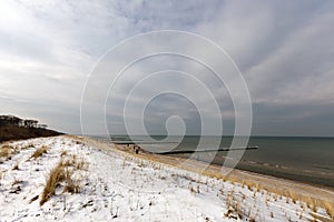 Snow covered coastal protection dune