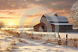 snow-covered country barn in a winter landscape