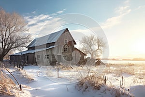 snow-covered country barn in a winter landscape