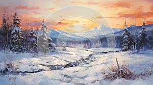 Snow Covered Countryside At Sunrise: A Naturalistic Landscape Painting