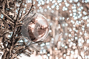 Snow covered decoration ball on a Christmas tree. Desaturated