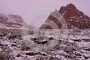 Snow covered desert red rock