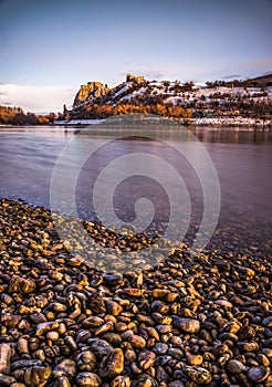 Snow Covered Devin Castle ar Sunrise