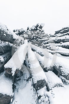 Snow covered disarranged stack of logs. Vertical layout