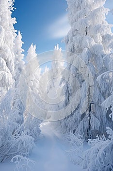 snow-covered evergreens in pristine winter landscape