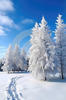 snow-covered evergreens in pristine winter landscape