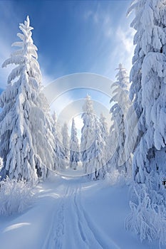 snow-covered evergreens in pristine winter landscape