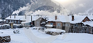 The snow-covered farmhouse