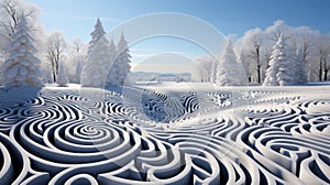 A snow covered field with trees and a maze