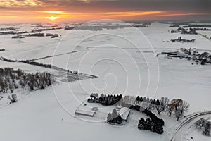 Snow Covered Fields and Sunset Winter