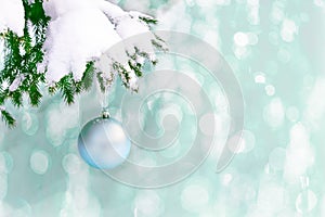 Snow covered fir branch with pale blue Christmas ornament