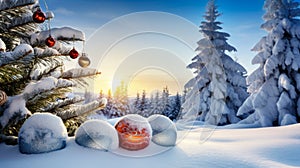 Snow-covered fir trees with Christmas ornaments, a picturesque Christmas landscape background. Banner with copy space