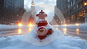 Snow-covered fire hydrant on a city street at dusk in winter