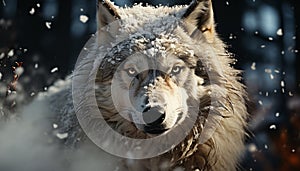 Snow covered forest, a cute wolf running, watching, in winter generated by AI