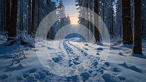 Snowy Path Through Winter Forest at Sunset