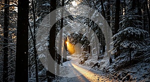Snow-Covered Forest Path at Sunset with Winter Sunlight