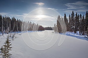 A snow covered forest with a river running through it