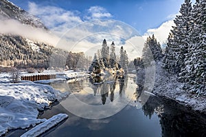 Snow covered forest and riverbanks