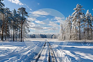 Snow-covered forest road under a clear blue sky