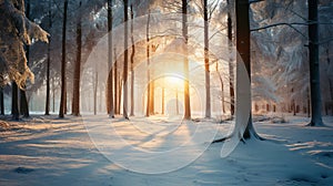 A snow-covered forest with sunlight shining through the trees