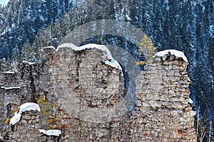 Medieval fortress walls at snowy mountain