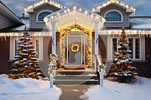Of a snow covered front porch with christmas decorations