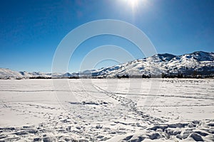 Snow covered frozen landscape with copy space in Washoe Valley, Nevada.