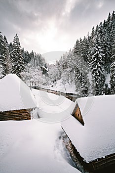 Snow covered and frozen wooden cabins in the middle of mountain forest with stream on background in winter. Snowy slovak