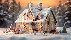 Snow covered gingerbread house with colorful candy decorations generated by AI