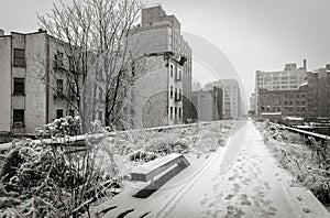 Snow covered High Line in Winter, Chelsea, New York City