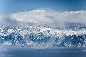 Snow covered himalayan mountain peaks Pir Panjal mountain range, View from Gulmarg, Kashmir