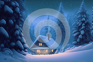 Snow covered house in forest at winter night, warm window light, chimney smoke. Generative AI illustration