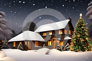A snow-covered house, warmly lit beside a beautiful Christmas tree. Generative AI