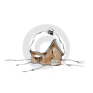 Snow covered, illuminated wooden hut in the snow