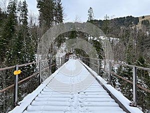Snow-covered iron pedestrian bridge over the canyon of the Fallbach alpine stream at the foot of the Alpstein mountain range