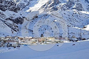 Snow-covered Kedarnath temple, Kedarnath Dham in India.