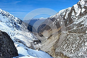 Snow covered Kedarnath temple and valley in Upper Himalaya India.